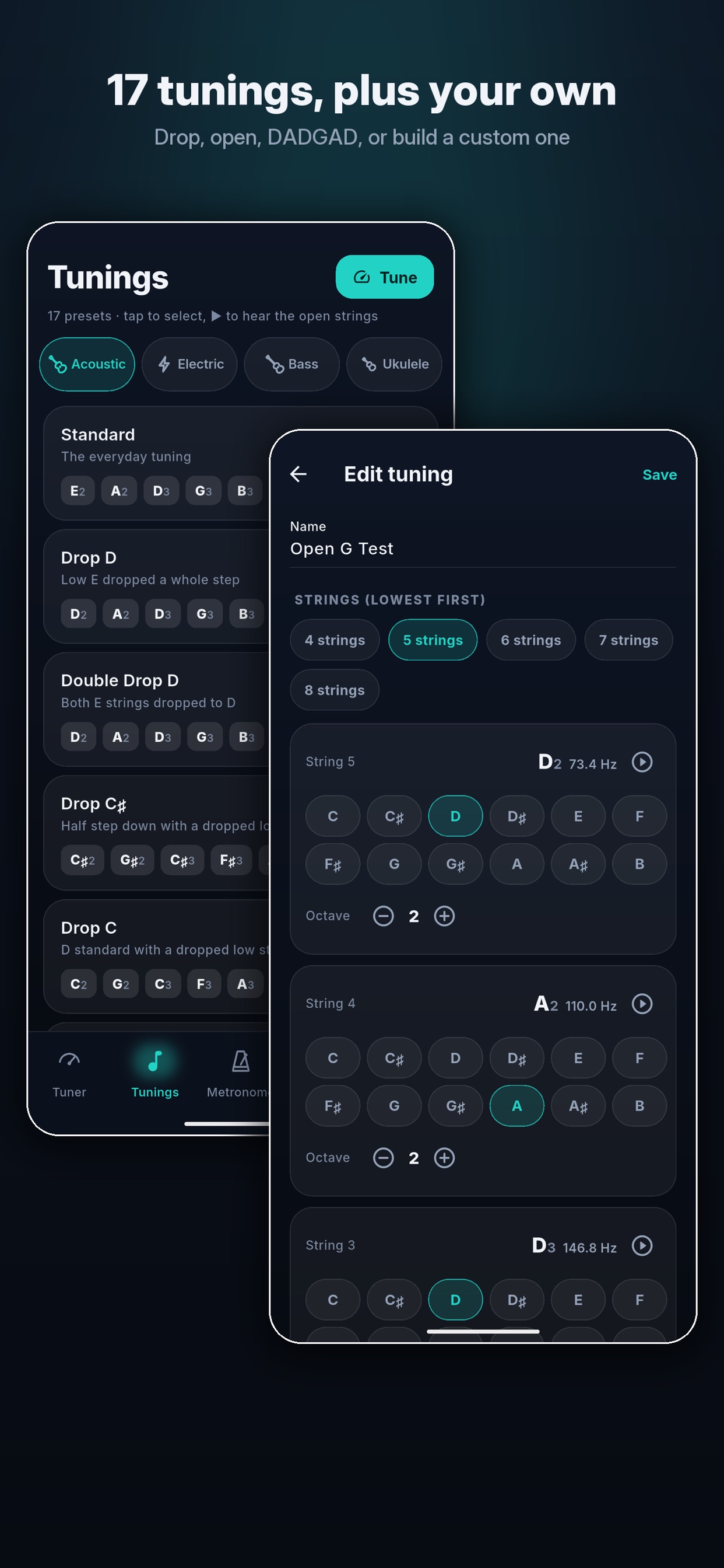 Ajax Guitar Tuner - 17 tunings plus your own: drop, open, DADGAD or a custom tuning