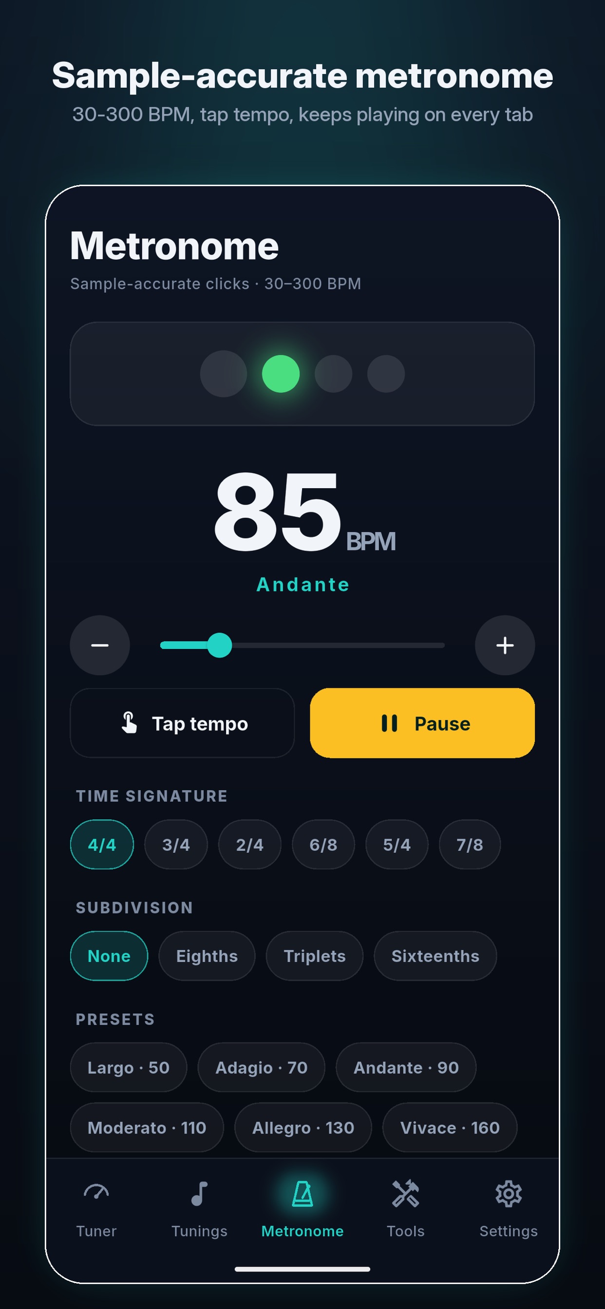 Ajax Guitar Tuner - Sample-accurate metronome, 30 to 300 BPM with tap tempo