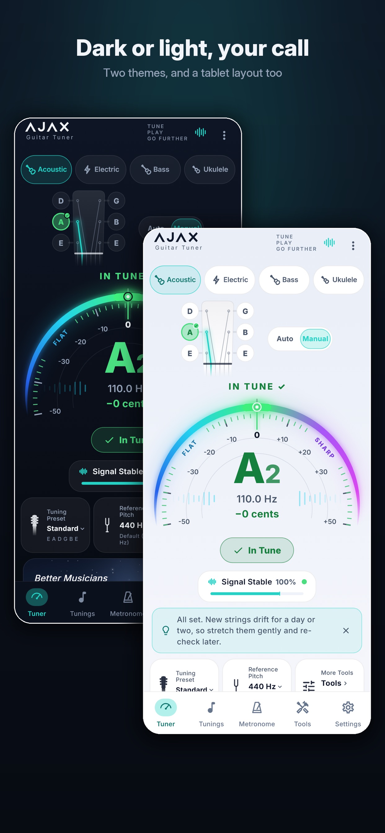Ajax Guitar Tuner - Dark or light theme, and a tablet layout