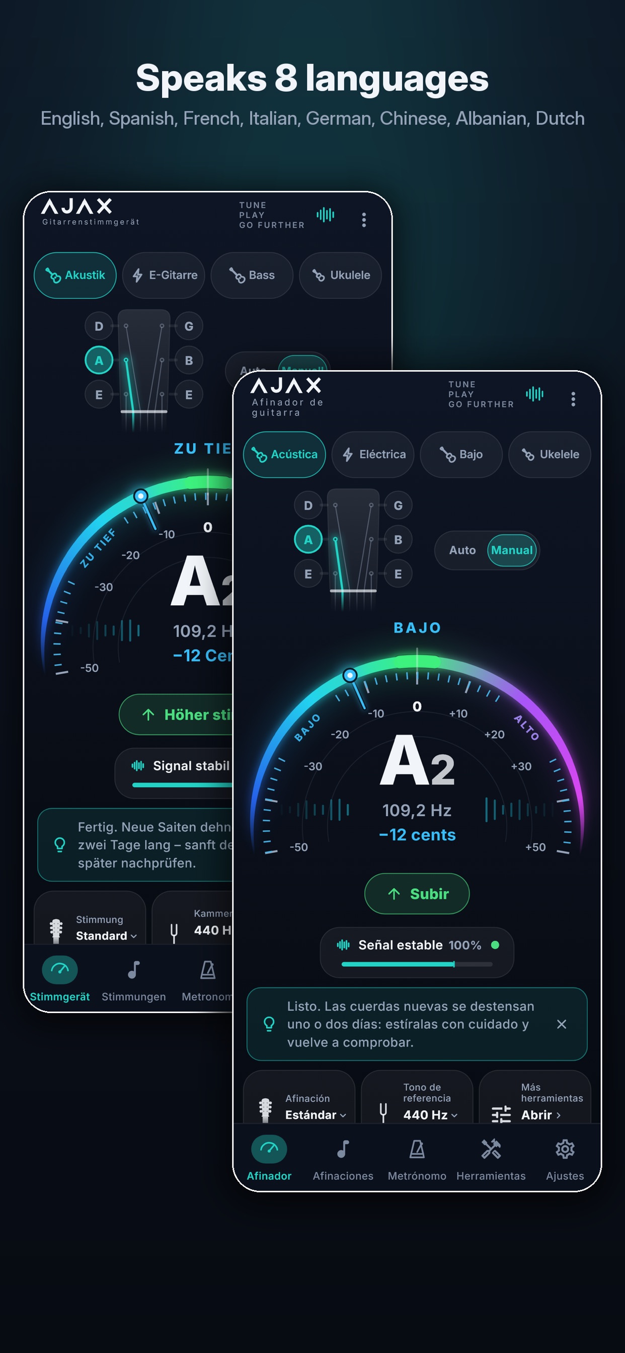 Ajax Guitar Tuner - Available in 8 languages