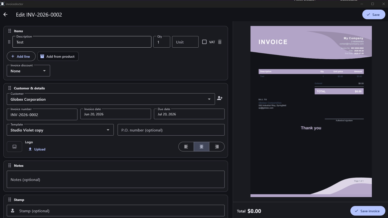 InvoiceDoctor invoice editor with live preview